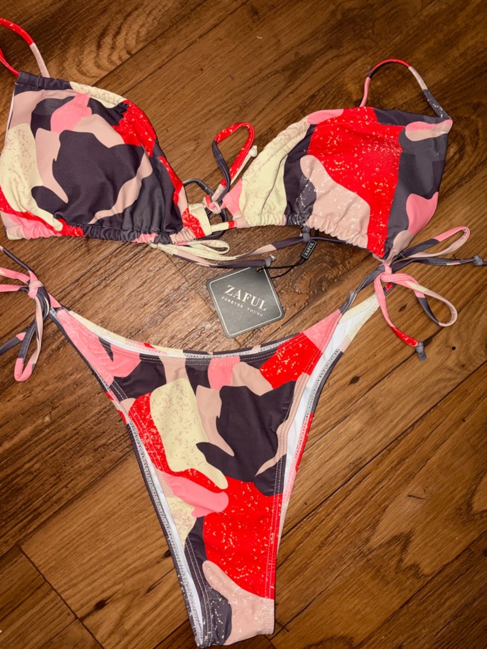 Zaful Red Pink Black Abstract Tie-Side Bikini Set
